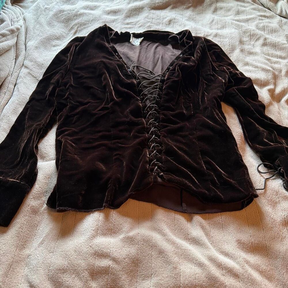 Vintage ICE Clothing Chocolate Brown Velvet Lace Up Top  Size fits like a US L